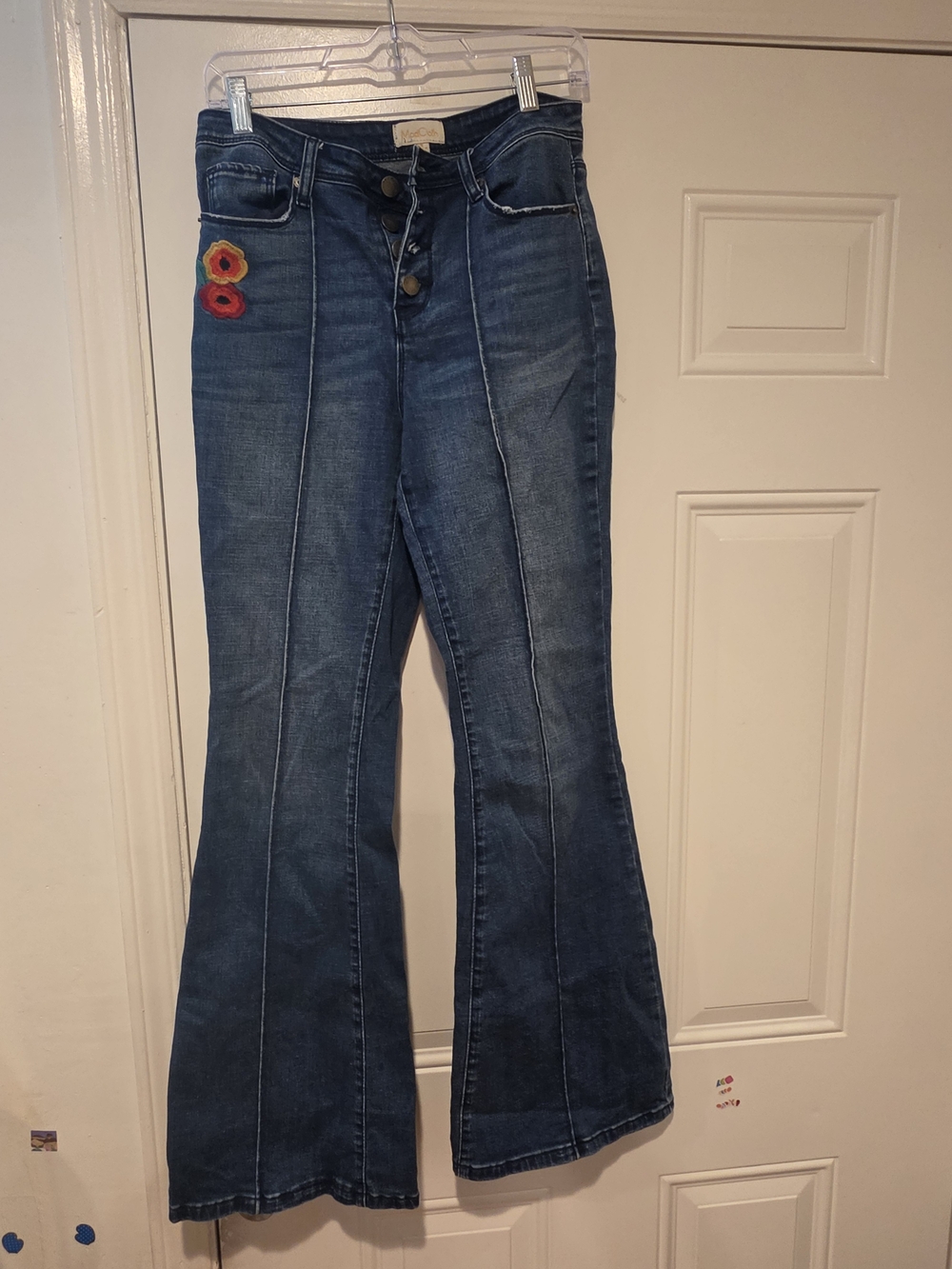 Modcloth Dark Blue Flared Jeans with Flower Patch